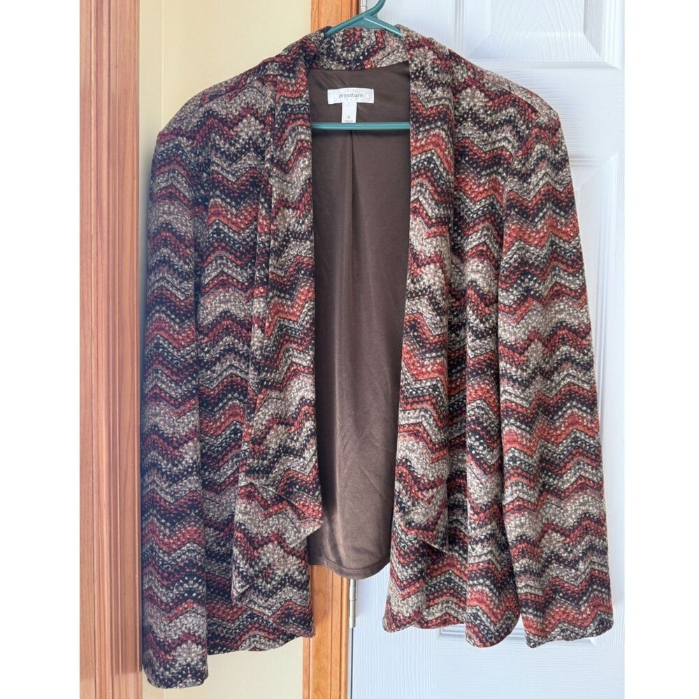 Dressbarn Open Front Cardigan Jacket XL Chevron Knit Rust Brown Beige